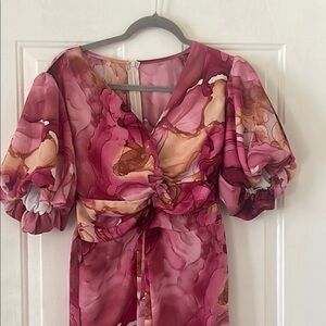 Elegant Pink and Brown Puff Sleeve Dress